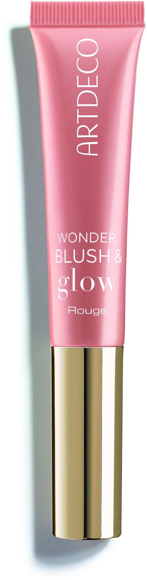 A pink tube with a gold cap, labeled Wonder Blush & Glow, by Arteco, stands upright.