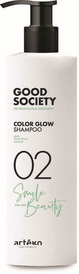En vit schampofläk med svart pump. Texten innehåller varumärkesnamn, produktnamn, nummer 02 och ord om skönhet.