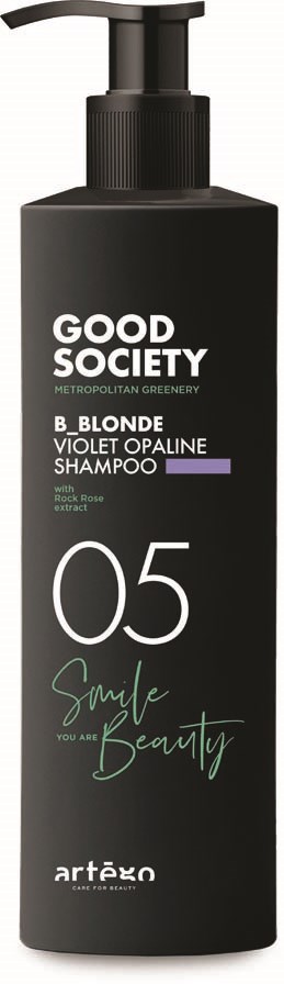 A black shampoo bottle with a pump, labeled 'Good Society' and 'Smile for my Beauty.'