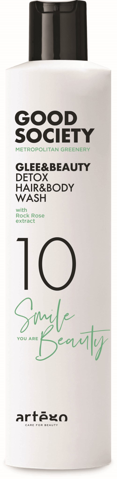 Valkoinen pullo, jossa lukee 'Good Society Glee & Beauty Detox Hair & Body Wash', musta korkki, numero 10, ja vihreää tekstiä.