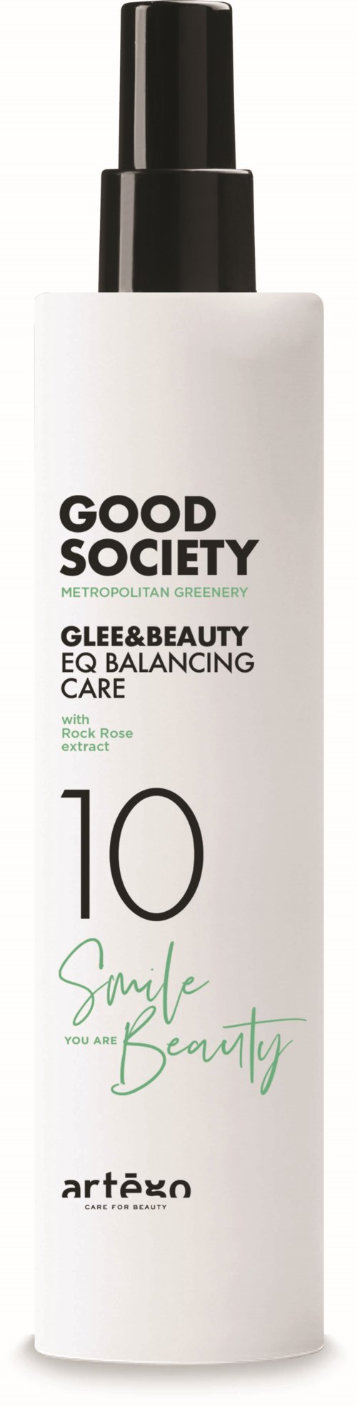 A white bottle with a black spray pump, labeled 'Good Society' skincare product for balancing and brightening skin.
