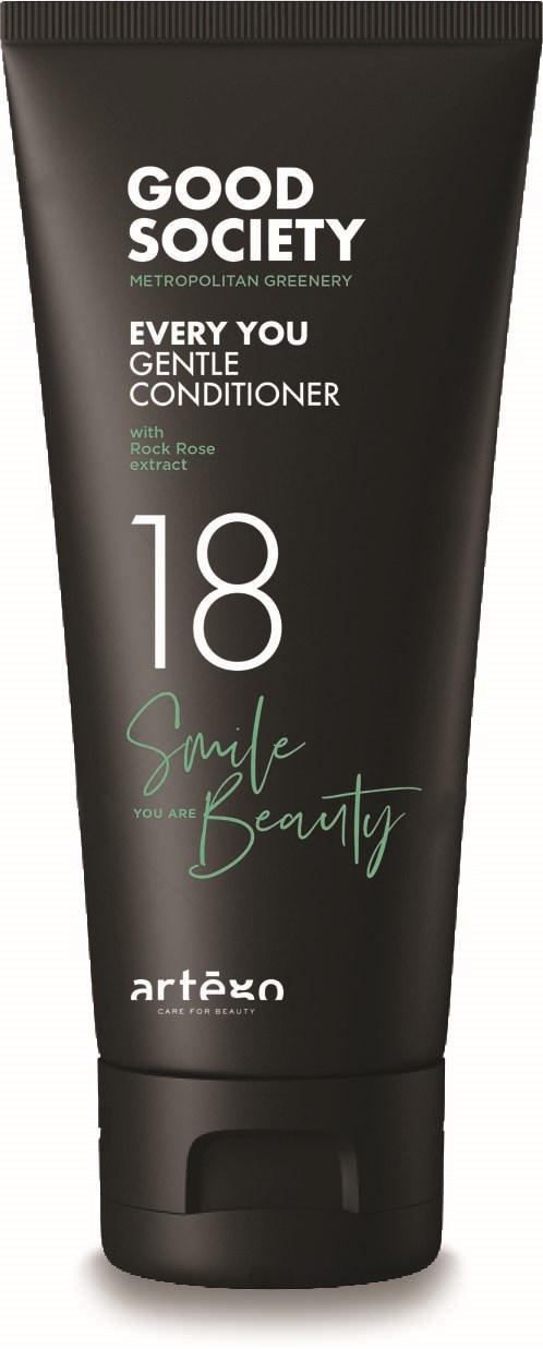 A black tube of Good Society gentle conditioner with Rock Rose extract, labeled 'Smile you are Beautiful' and number 18.