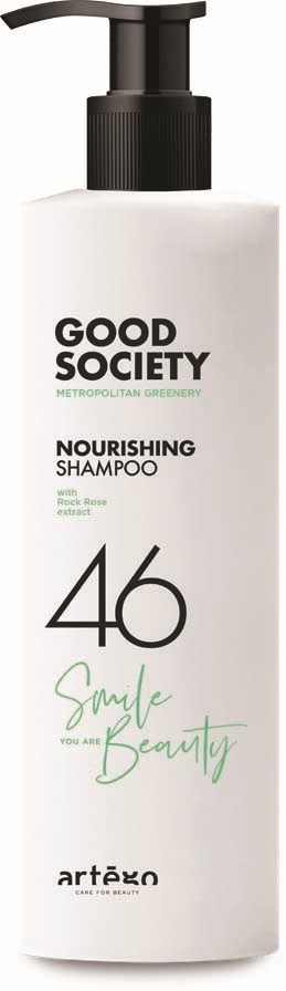 A white shampoo bottle with black pump, labeled 'Good Society Nourishing Shampoo' and green text for 'Simple Beauty.'