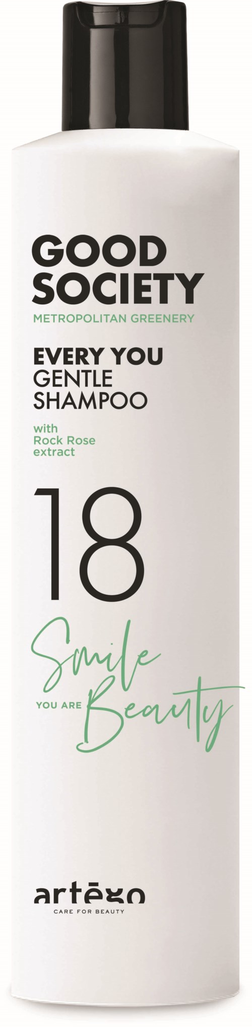 Een witte flesje van Good Society shampoo met zwarte dop, aangeduid als zacht met roosextract, nummer 18.