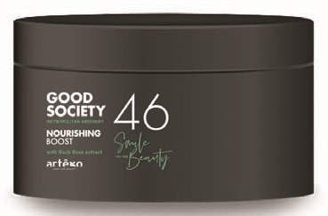 Een zwarte container met witte tekst voor 'Good Society 46' huidverzorgingsproduct, inclusief 'Nourishing Boost' en 'Simple Beauty.'