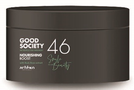 A black round container with white and green text, mentioning "Good Society" and "46 Simple Beauty."