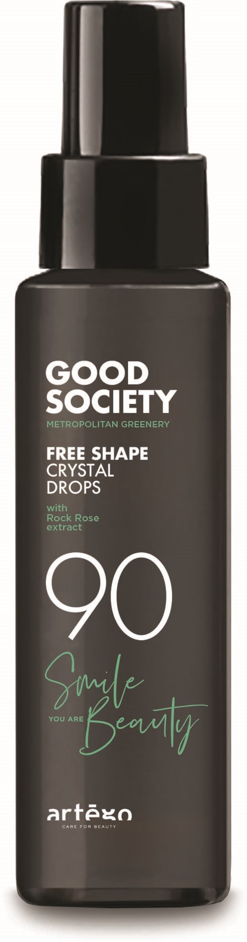 A black spray bottle with white and green text, labeled 'Good Society', 'Free Shape Crystal Drops', and 'Smale Beauty'.