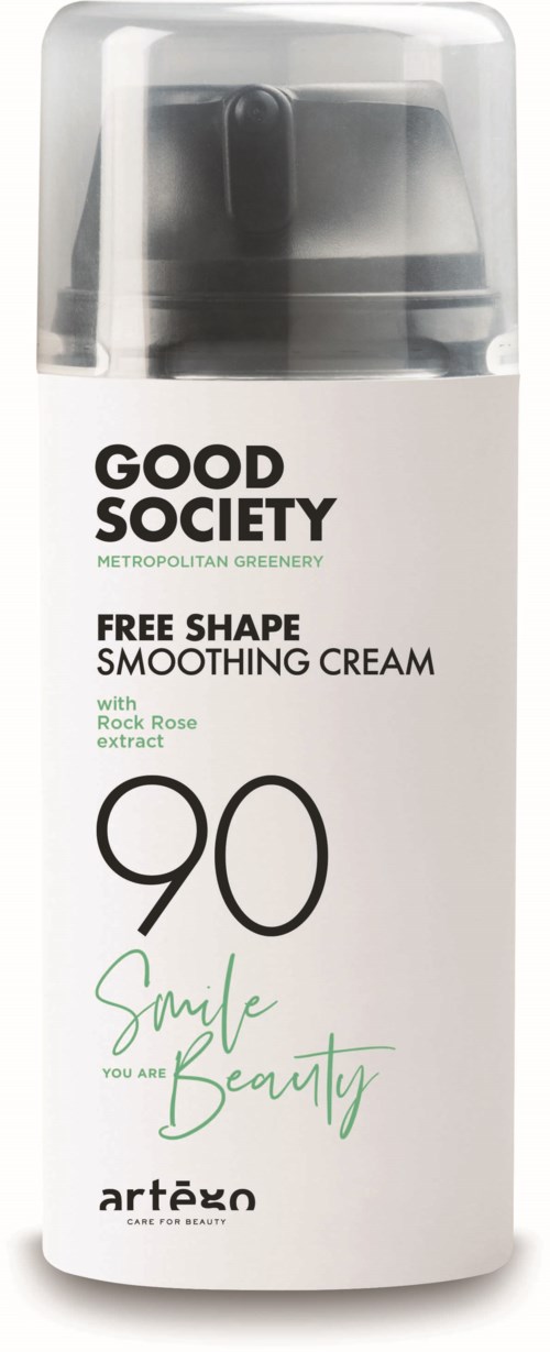 Flaska med Good Society daglig kräm med Rock Rose-extrakt, avsedd för att mjuka upp och forma huden, 90 ml.