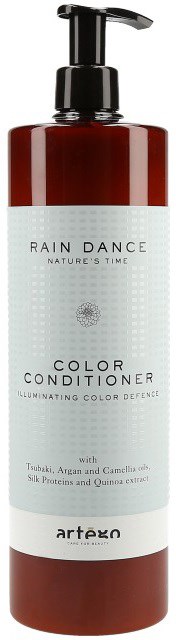 En lång, brun flaska med pump, märkt 'Rain Dance Color Conditioner' för hårvård.