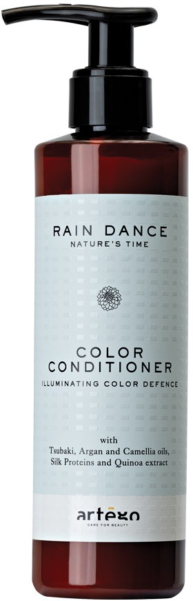En brun flaska med pump, märkt 'Rain Dance Color Conditioner', innehåller hårbalsam med naturliga ingredienser och har en ljusblå etikett.