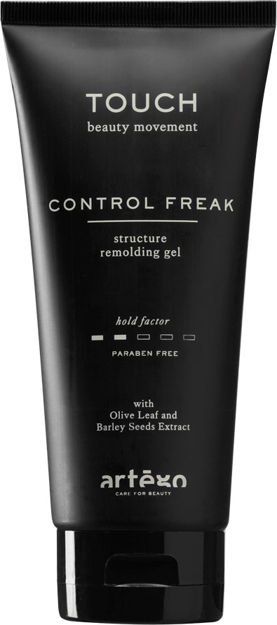 Svart tub med kontrollfreak gel och vit text, nämner nyckelingredienser och märkesnamnet Artego.
