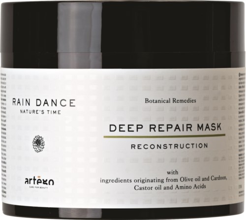 Rain Dance Deep Repair Mask -pakkauksessa oliiviöljyä, castoröljyä ja aminohappoja.