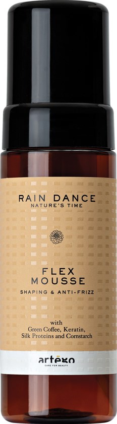 A brown spray bottle with a black cap labeled 'Rain Dance Flex Mousse' for hair styling. Contains natural ingredients.