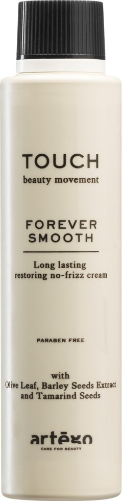 En vit flaska med svart topp för hårkräm, märkt Touch Forever Smooth, med naturliga ingredienser listade.