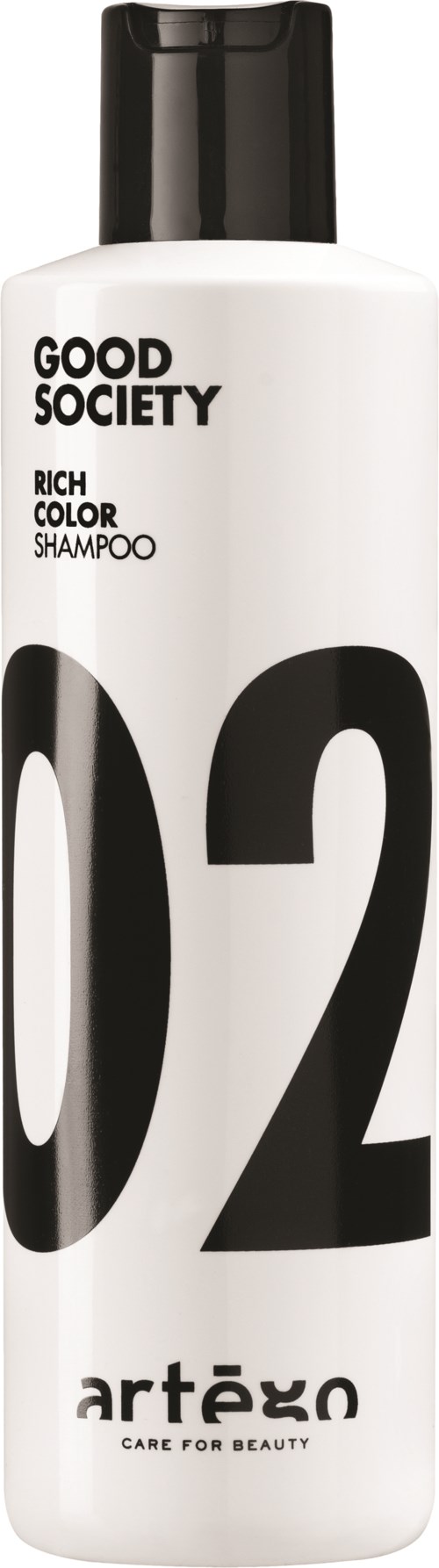 En hvid shampoo-flaske med sort kappe og store sorte tal 02. Teksten siger "Good Society" og "Artègo".