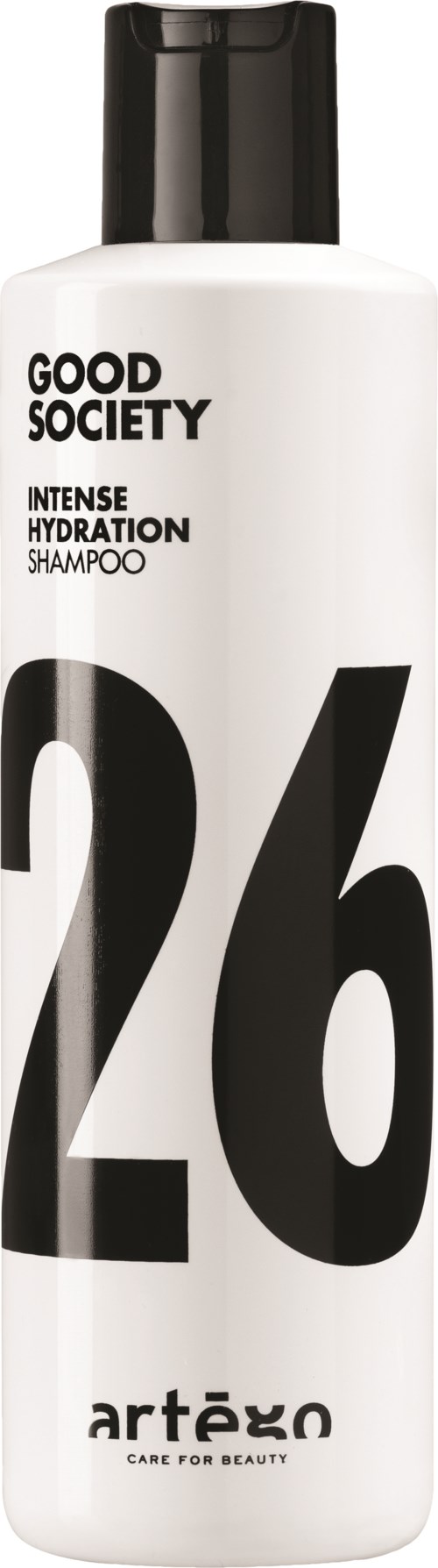 En vit schampoflaska märkt 'Good Society' och 'Intense Hydration' med siffran 26 och märket Artézo.