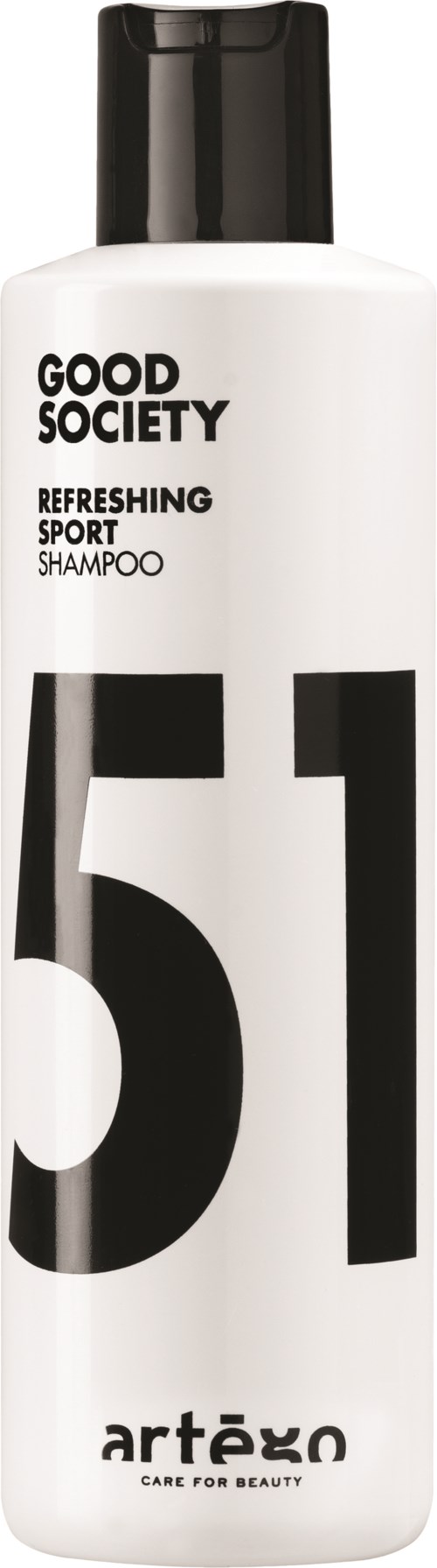 En hvid flaske af Good Society forfriskende sports shampoo med sort tekst og låg.