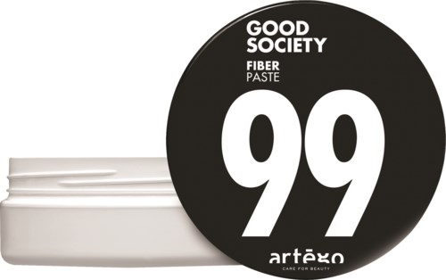 En svart cirkulär etikett har storavita siffror '99' och text om fiberpasta och goda samhällen.
