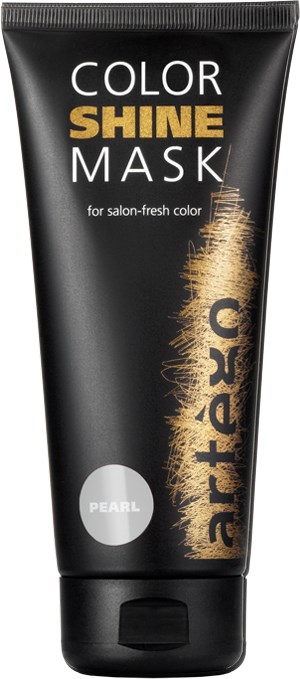 En svart tub med hårmaskin med guldfärgad och vit text, märkt 'Color Shine Mask' och en silvercirkel som säger 'Pearl.'