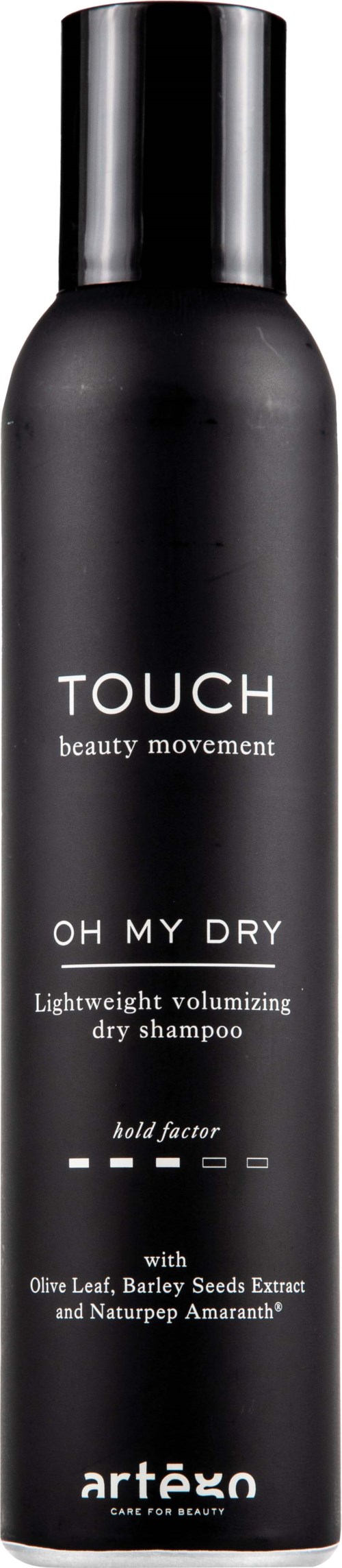 A black bottle of dry shampoo labeled 'TOUCH' with ingredients from olive, barley, and Nettle plant extracts.