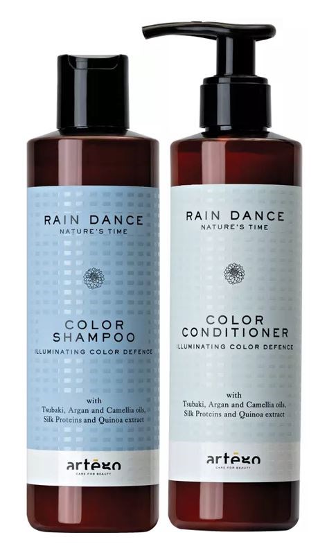 Två bruna flaskor märkta 'Rain Dance' för hår, en för schampo och en för balsam, med svarta lock eller pump.