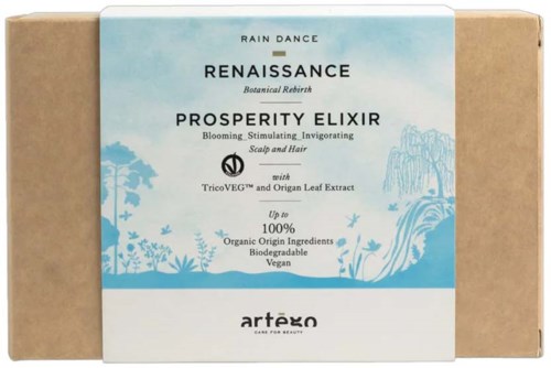 A soap box labeled Renaissance Prosperity Elixir with details about ingredients, benefits, and brand Artaxo, in blue and beige colors.