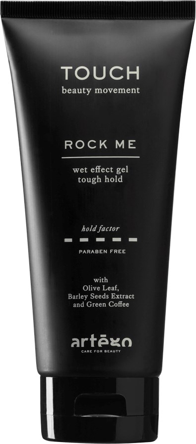 En svart tub med hårgelé kallad 'Touch' med 'Rock Me' för stark hållning, innehåller olivblad och grönt kaffe.