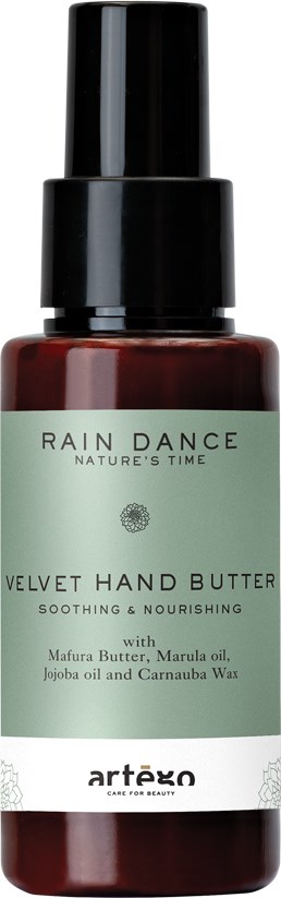 En liten brun flaska med svart pump och grön etikett, med namnet Rain Dance Velvet Hand Butter, för handvård.