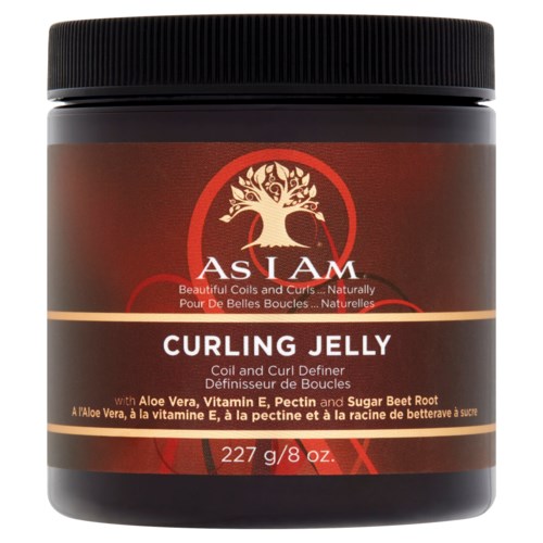 Burk med lockgelé med aloe vera, vitamin E och sockerbeta. Svart lock och rödbrun etikett.