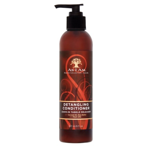En brun flaska med pump, märkt som ASIAM Detangle Conditioner, innehållande kokosolja, sheasmör och royal jelly.