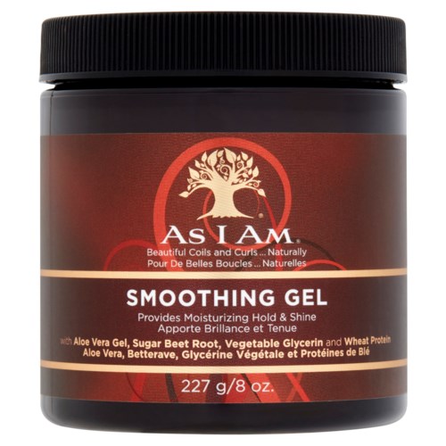 En hårgelbehållare märkt 'Smoothing Gel' med ingredienser som aloe vera och vegetabilisk glycerin inuti.