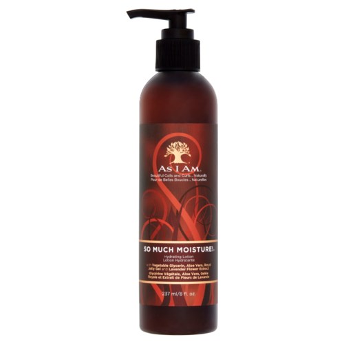 En brun flaska med pump, märkt 'As I Am', vilket visar att det är en fuktgivande lotion för lockigt hår.