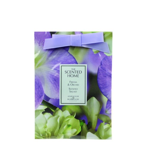 A decorative scented sachet with purple and green flowers, a purple bow, and a label for home fragrance.