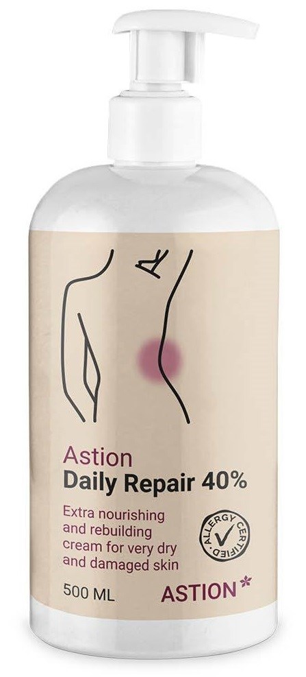 En hvit flaske med pumpe, merket Astra Daily Repair 40 %, for nærende tørr hud, med minimale illustrasjoner og tekst.