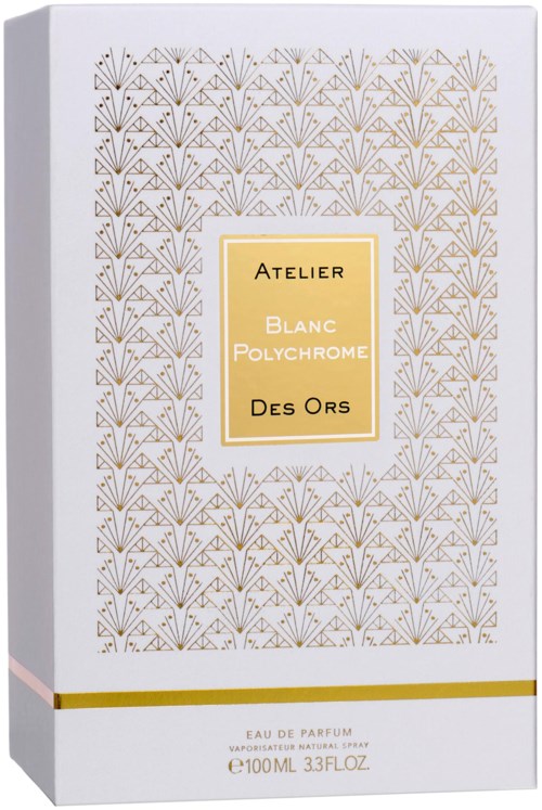 Eine Parfümverpackung mit weißem und goldfarbenem Design, Muster und einem Etikett mit Text in der Mitte.