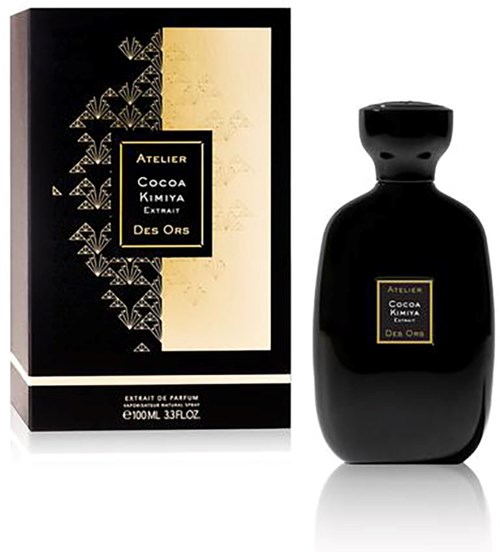 Svart parfyllf bottle med guld- och svart box, märkt 'Atelier Cocoa Kimiya Extract' och 'Des Ors'.