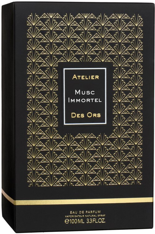Elegant svart box med guld geometriska mönster, märkt som parfymen Musk Immortel av Atelier Des Ors.