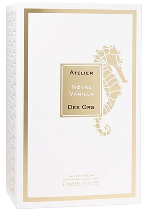 Białe opakowanie z złotymi akcentami i rysunkiem konika morskiego, zawiera perfumy 'Novae Vanilla Des Ors'.