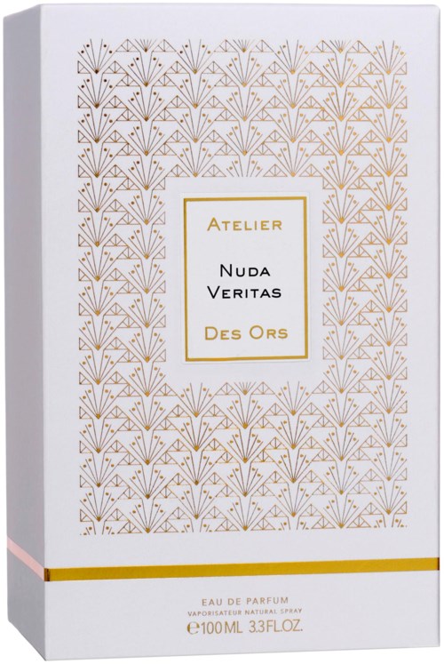 En vit box med gyllene och rosa detaljer, med dekorativa guldfärgsbilder och en etikett med text.