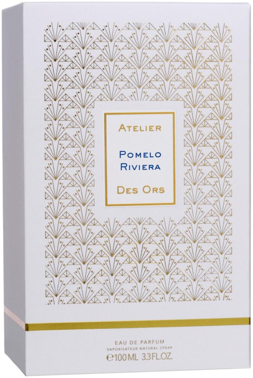 Parfümpaket mit goldener und blauer Schrift, verziert mit einem geometrischen Muster aus goldenen Linien und Formen.