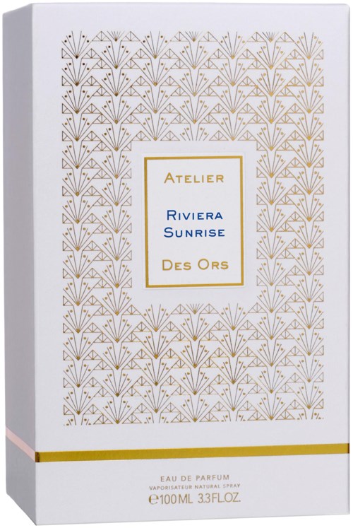 Eine Parfümverpackung mit gold- und blauer Gestaltung, Blumenmuster und Fragrance-Text.