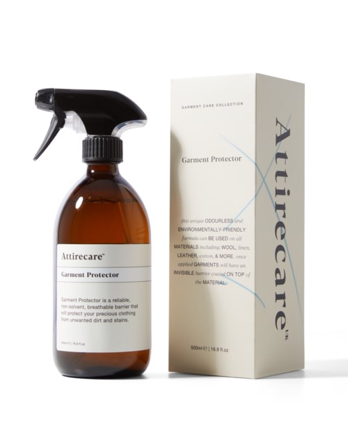 A brown spray bottle labeled 'Attirecare Garment Protector' and a tall box with similar branding.
