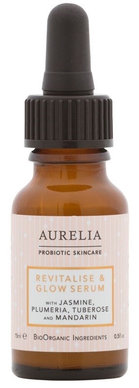 Liten bärnstensfärgad flaska med svart pipettlock, etiketter om probiotisk hudvård, revitaliserande och glow serum, samt ingredienser som jasmin.