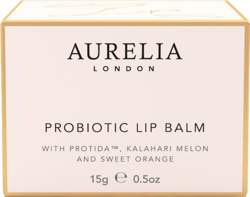 En förpackning av probiotisk läppbalsam med melonsmak och apelsin från Aurelia London, 15 gram.