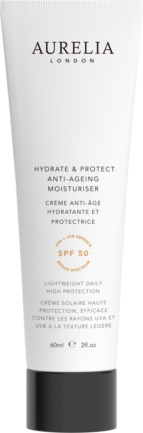 En vit tub med Aurelia London-ansiktskräm med SPF 50, lättanvänd för daglig skydd mot solens strålar.