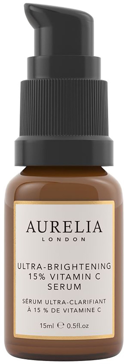 Bruine serumfles met zwarte pomp en wit label voor huidverbetering, bevat 15% vitamine C.