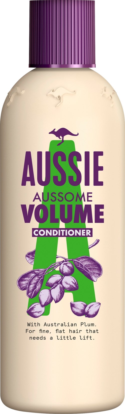 En flaska med lila lock och etikett som säger Aussie Volume Conditioner, med en lila och grön design och australiensisk plommon.