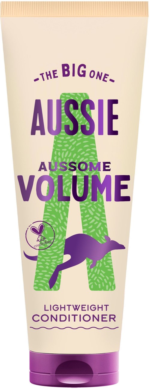 Aussie kevythoitoaineen putkilossa on violettia ja vihreää tekstiä ja kengurukuvio.