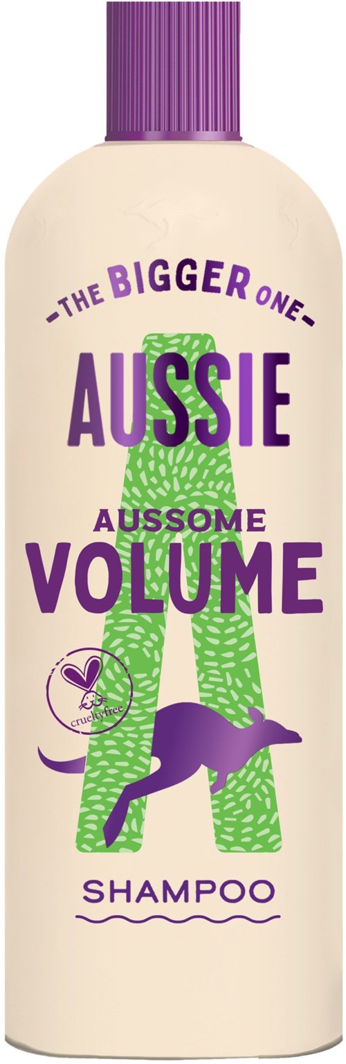 Shampoo-pullo Merkiltä 'Aussie' edistää volyymiä, sisältää violettikorkin, vihreää ja violettia tekstiä ja kengurugrafiikan.