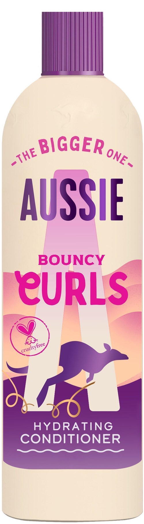 En flaska med Aussie Bouncy Curls fuktgivande balsam, lila lock, med bilder av en hund och rosa och lila text.